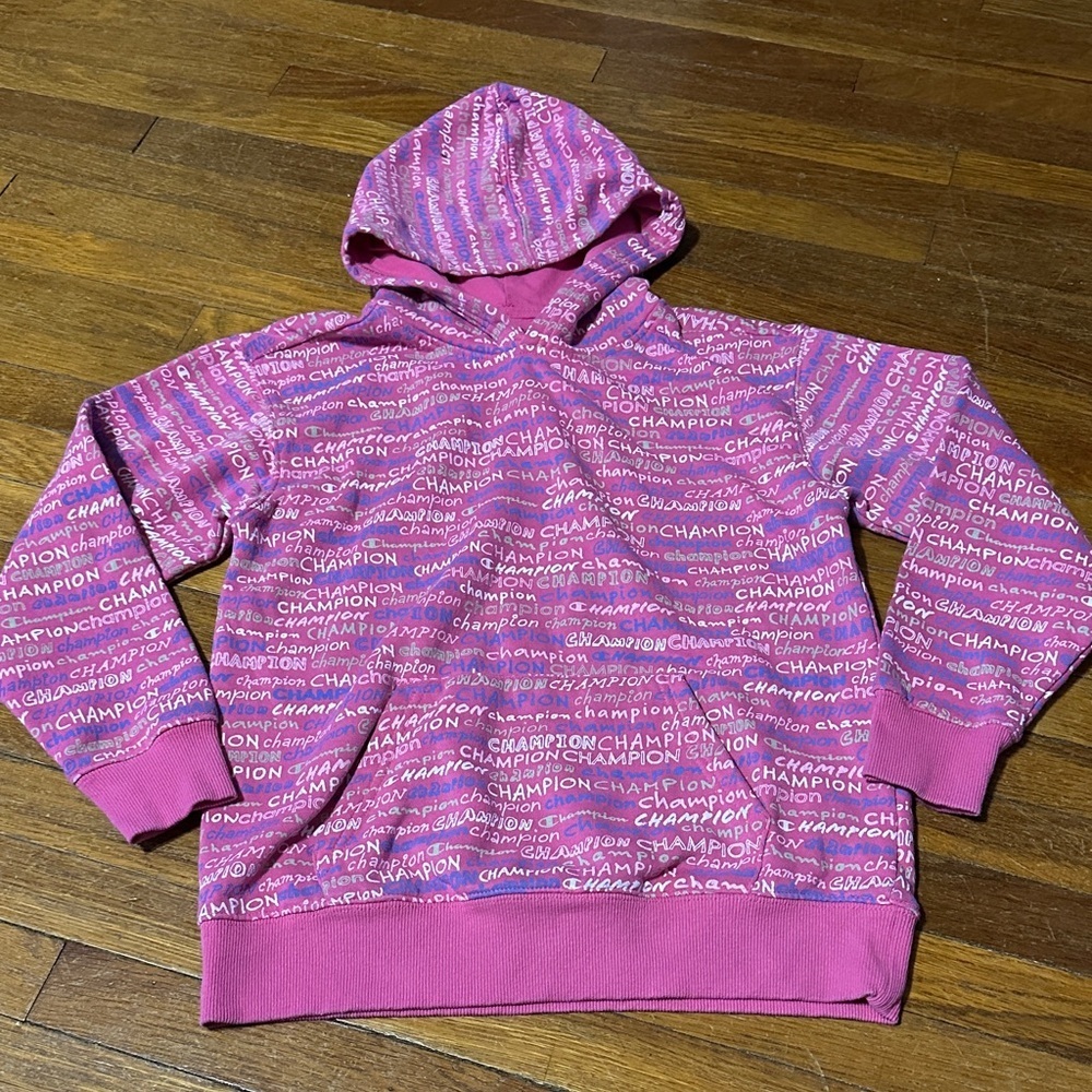 Champion Girls Pink All Over Logo Hoodie, Sz XL